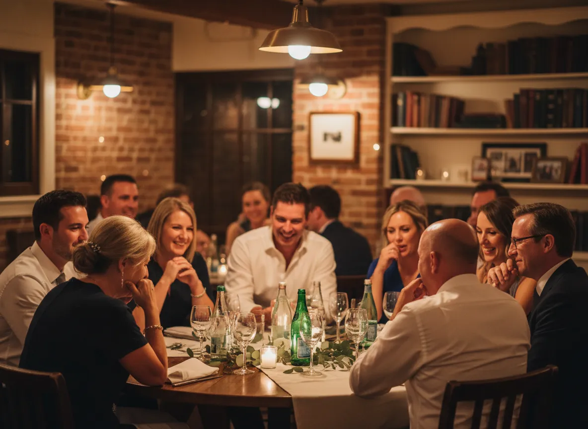 An intimate rehearsal dinner gathering around a small table