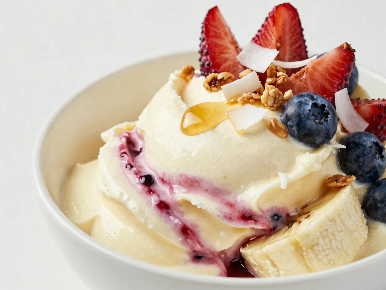 Frozen banana nice cream with berries