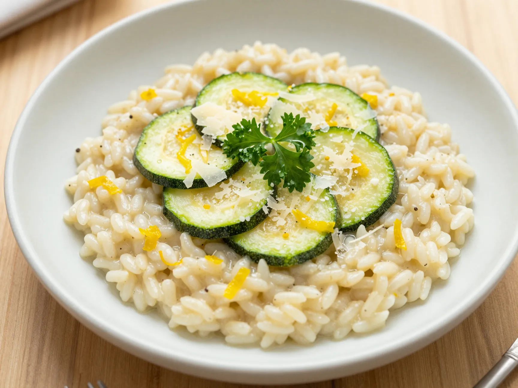 A creamy lemon risotto with courgettes in a shallow white bowl