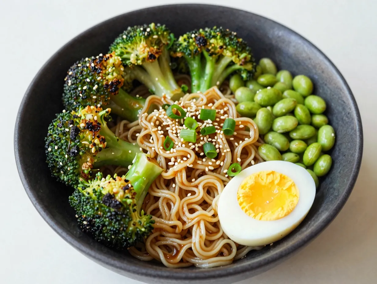 A bowl of charred broccoli and ramen noodles with sesame dressing