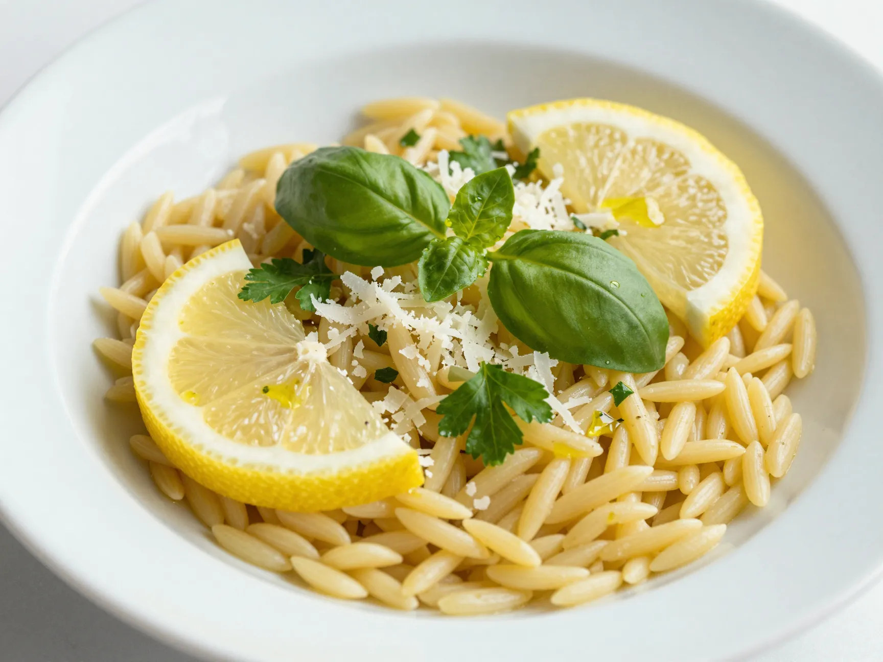 A simple bowl of lemony orzo pasta with herbs and parmesan