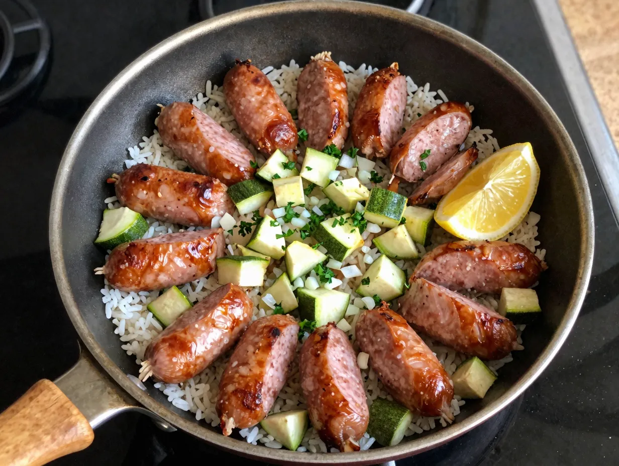 A one pan sausage and courgette pilaf with rice and lemon