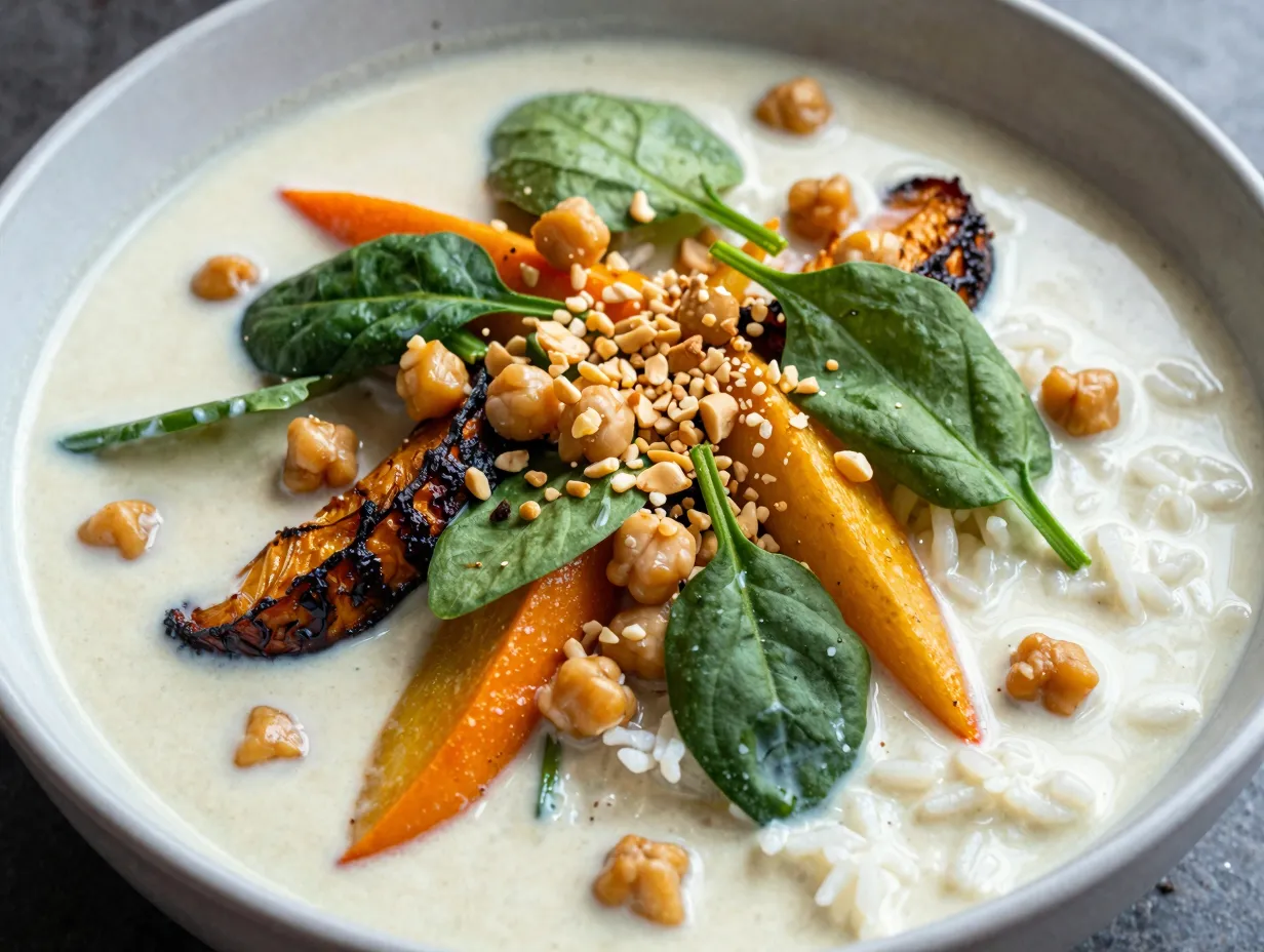 A vibrant peanut and coconut curry with vegetables in a bowl