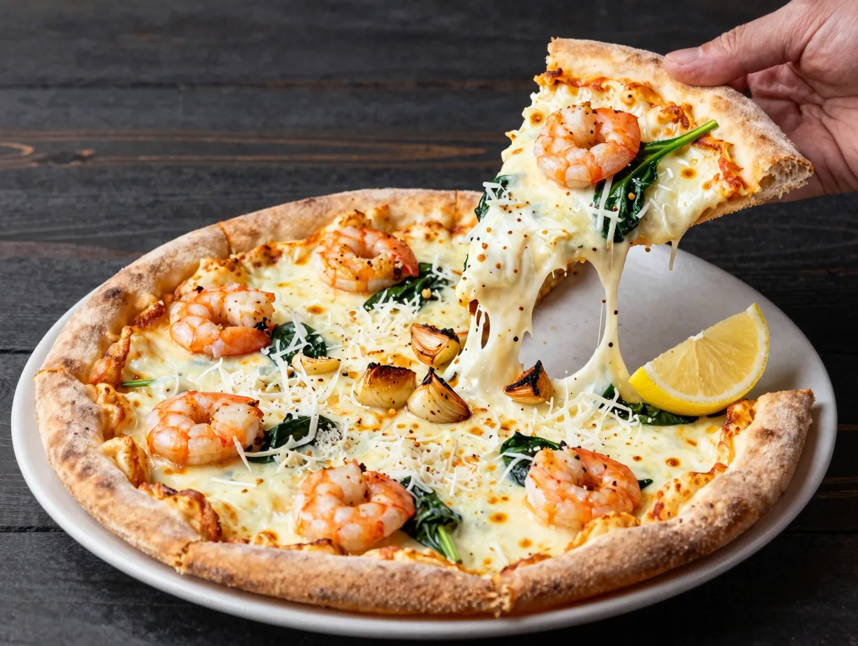 Shrimp alfredo pizza