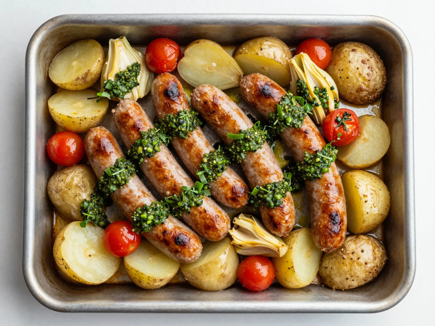 A sheet pan sausage traybake with vegetables and pesto