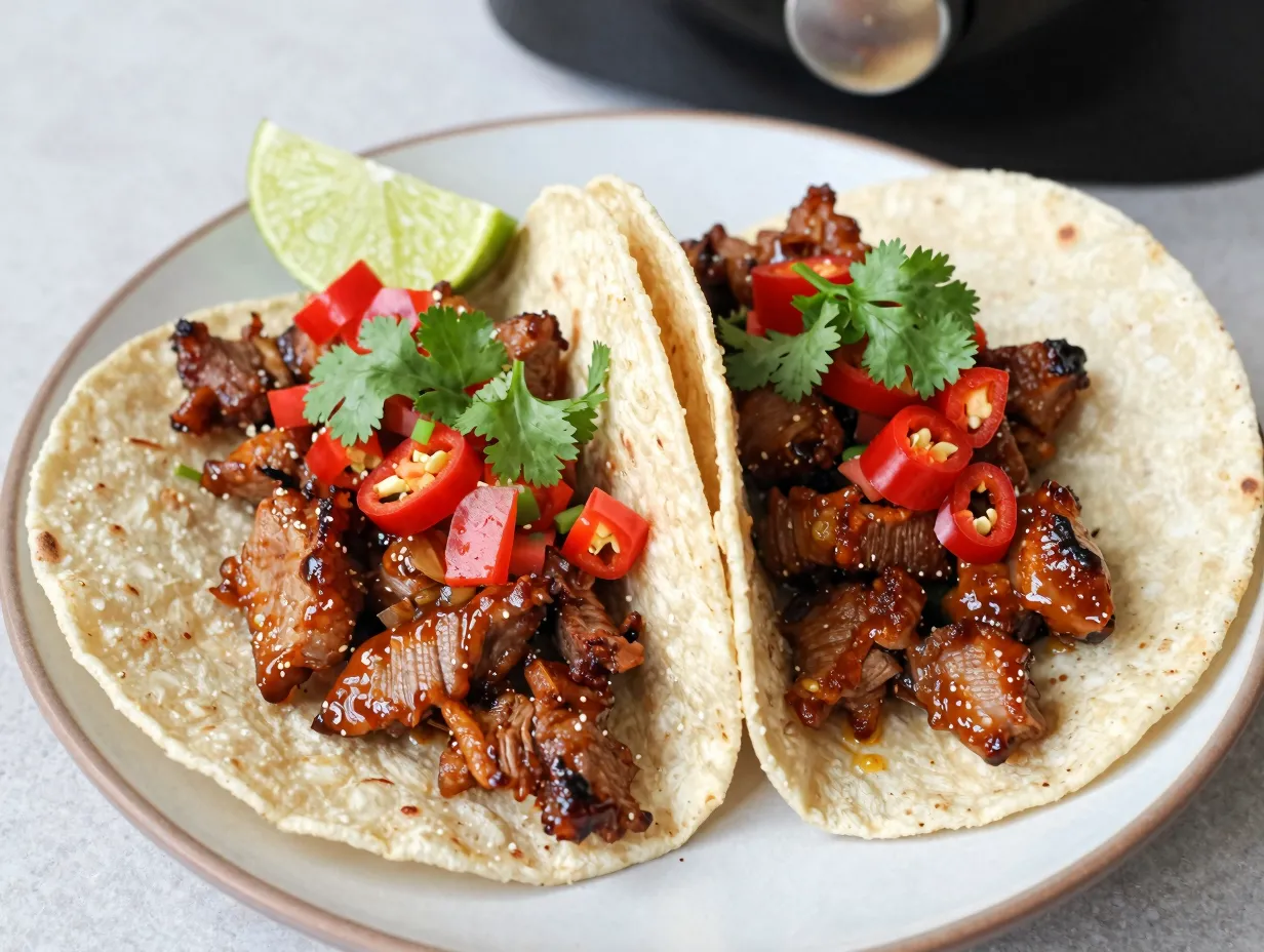 Air fryer sticky pork tacos with vibrant plum salsa