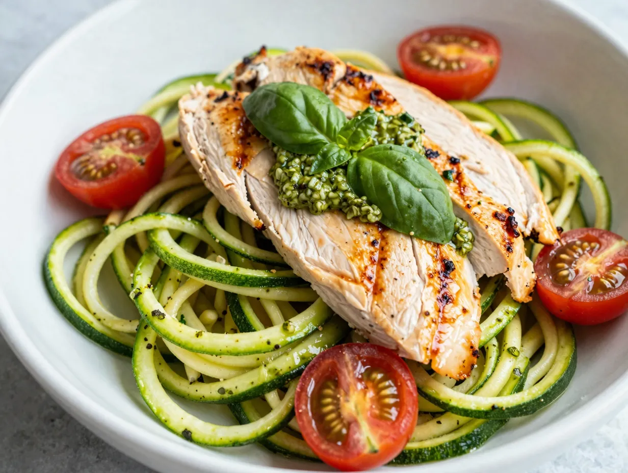 Zucchini noodles with pesto and grilled chicken