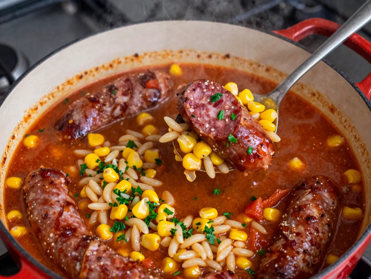 A one pot chorizo orzo stew with sweetcorn on the stove
