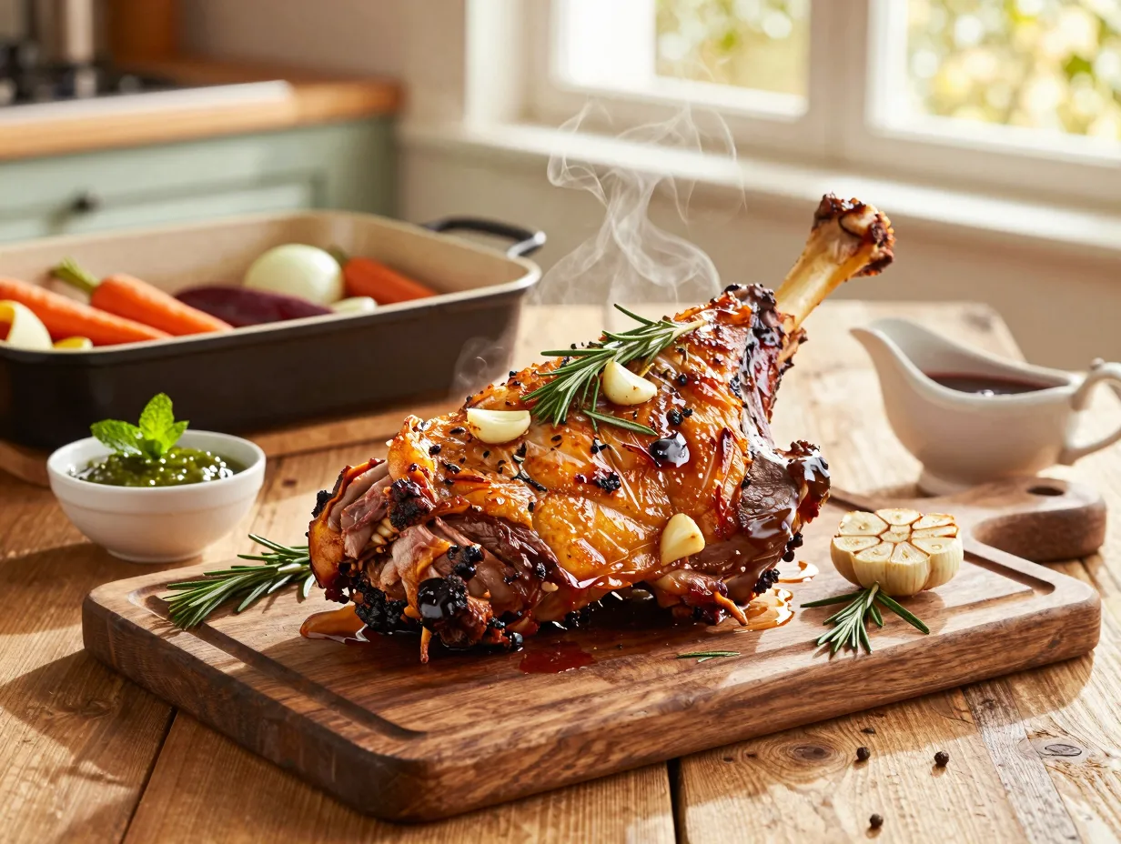 Golden crusted slow roasted lamb leg with rosemary