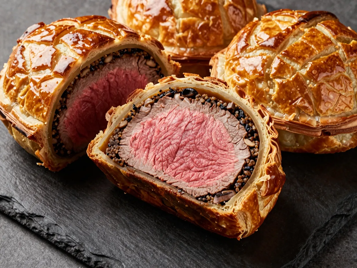 Sliced golden beef wellington on a dark slate platter