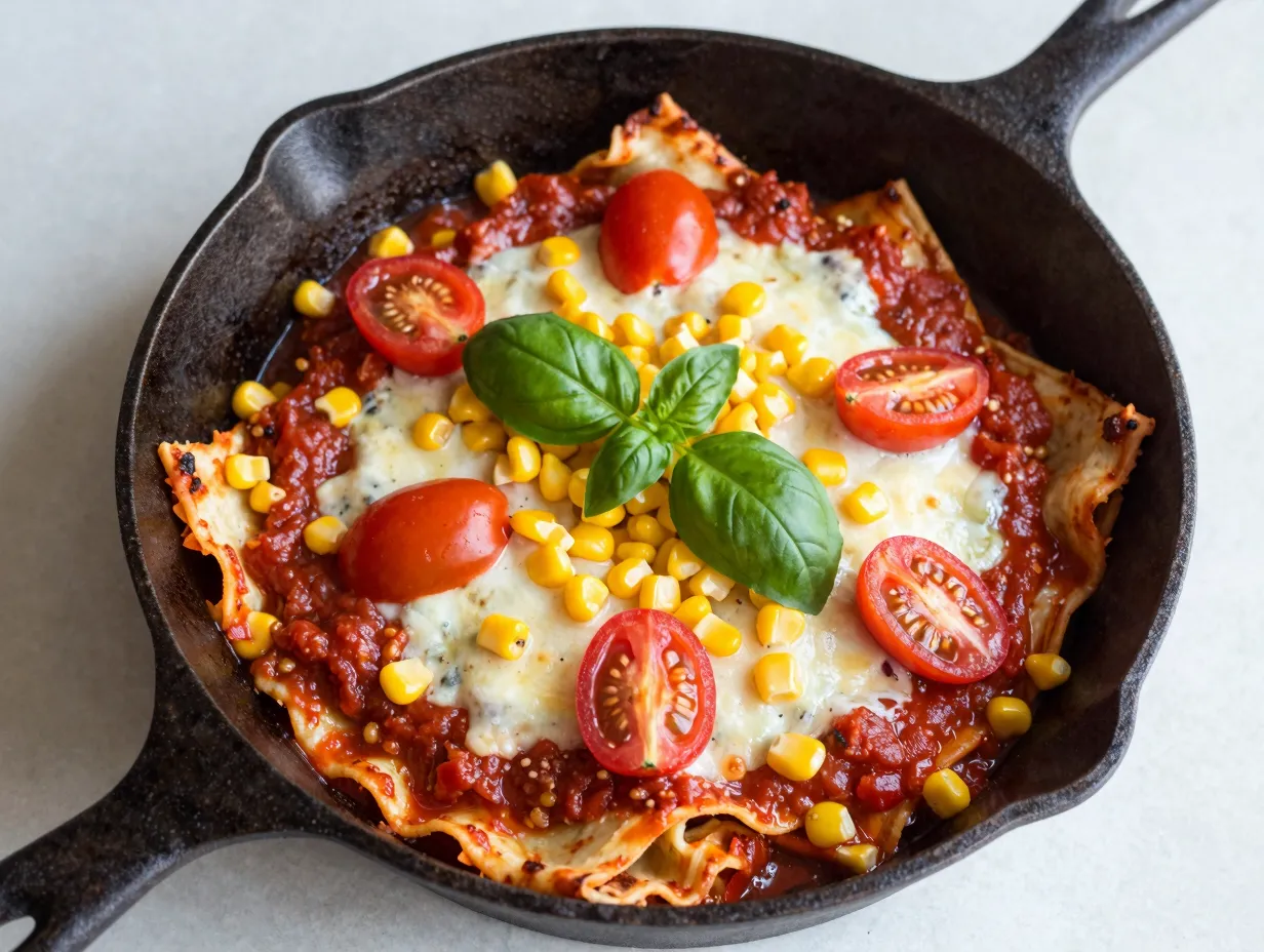 One skillet lasagna with broken noodles and vegetables