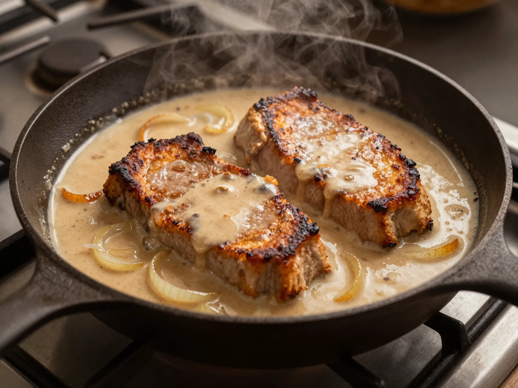 Pan seared pork chops smothered in creamy skillet gravy