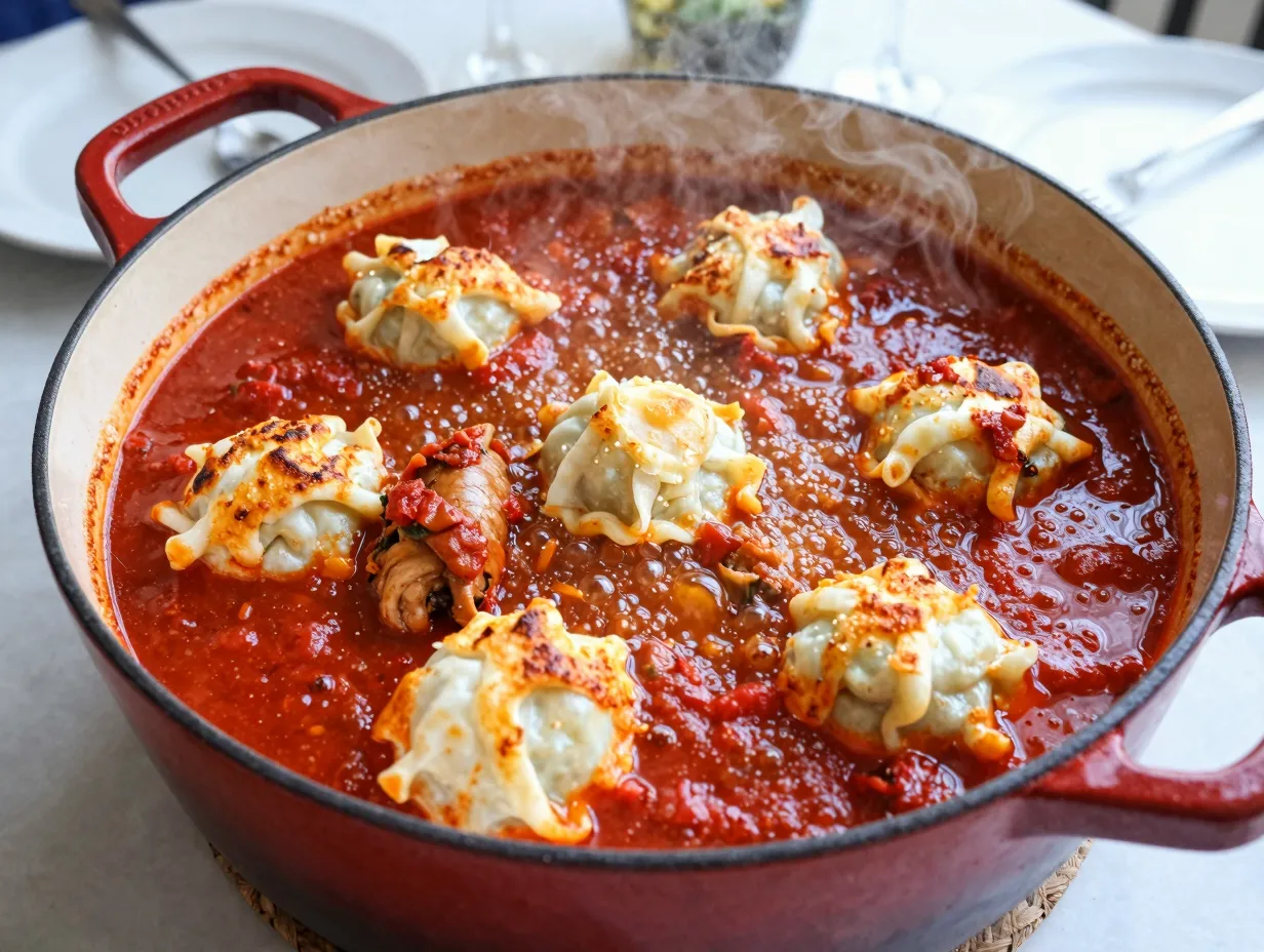Spicy chicken arrabbiata stew with fluffy parmesan dumplings
