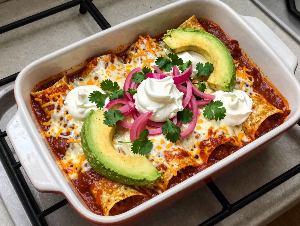 Baking dish of vegetarian enchiladas with colorful toppings