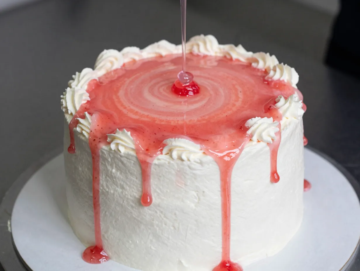Apply a strawberry puree glaze or drip finish