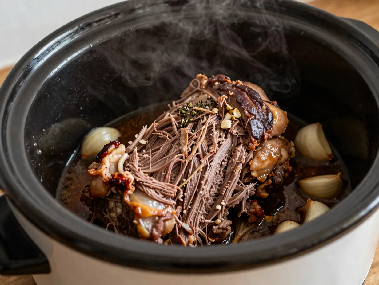 Slow cooker full of tender shredded garlic roast pork
