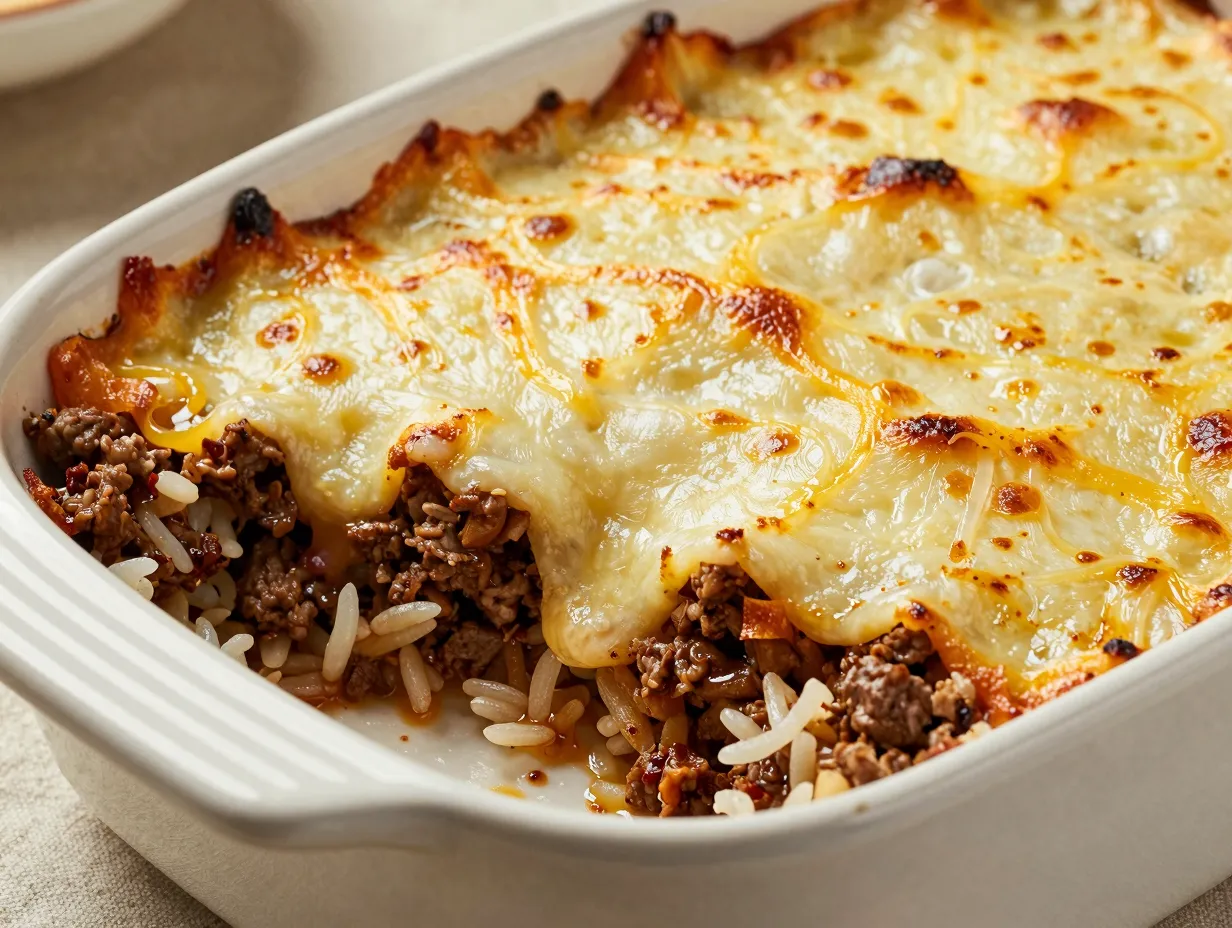 Golden bubbling cheesy beef and rice casserole dish