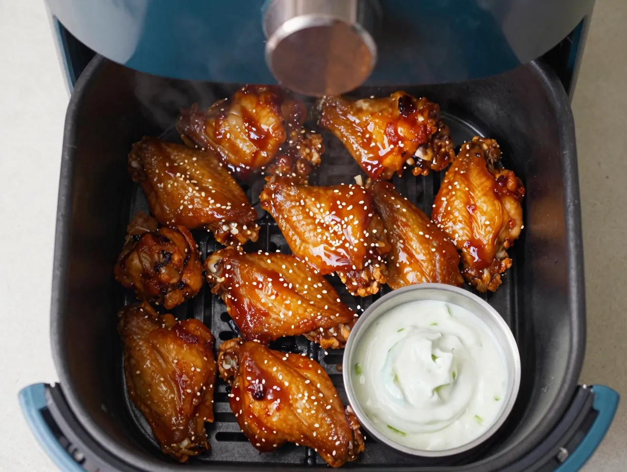 Korean chili glazed crispy wings in air fryer basket