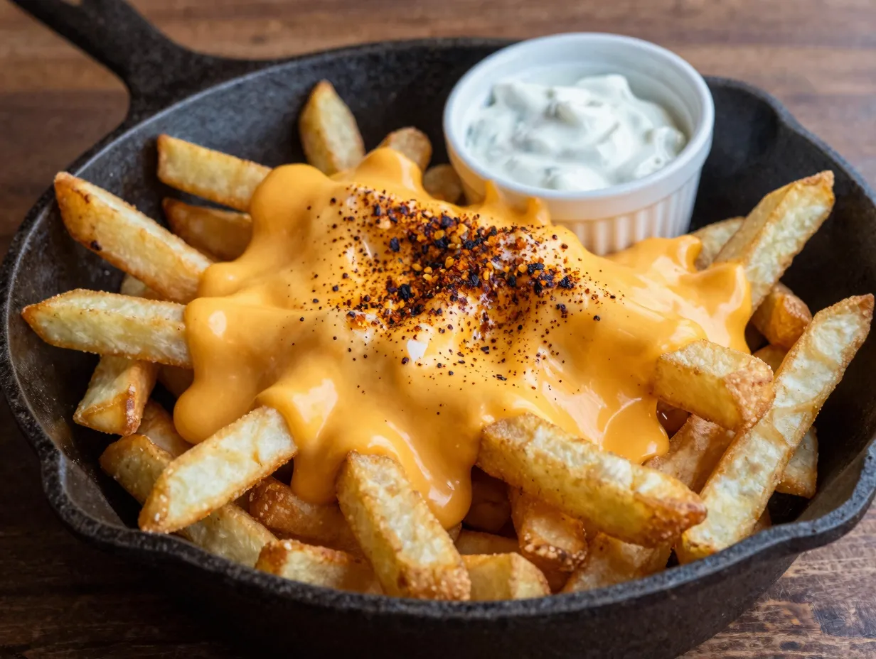 Loaded golden french fries with melted cheese topping
