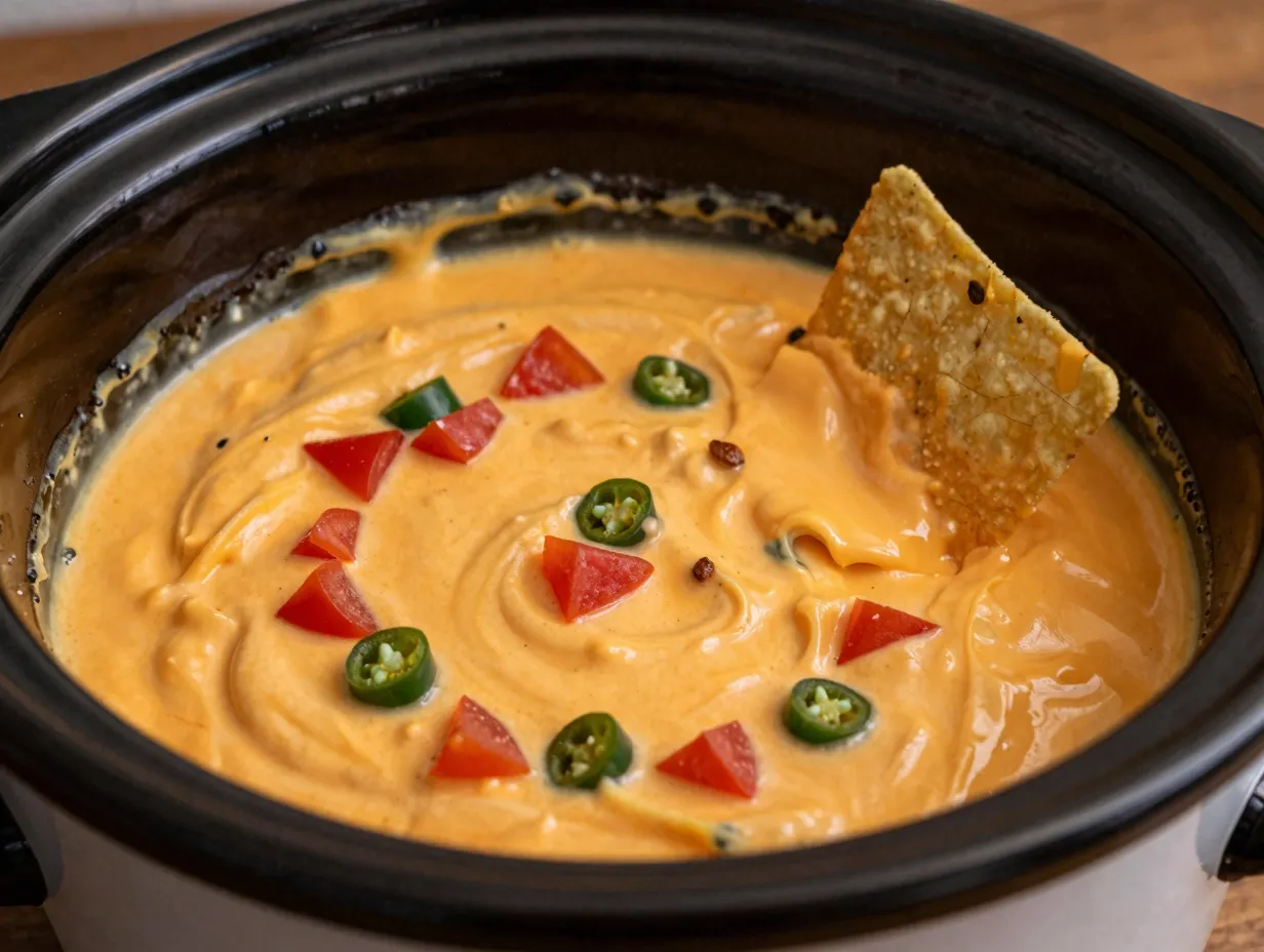 Creamy three ingredient chili cheese dip in slow cooker
