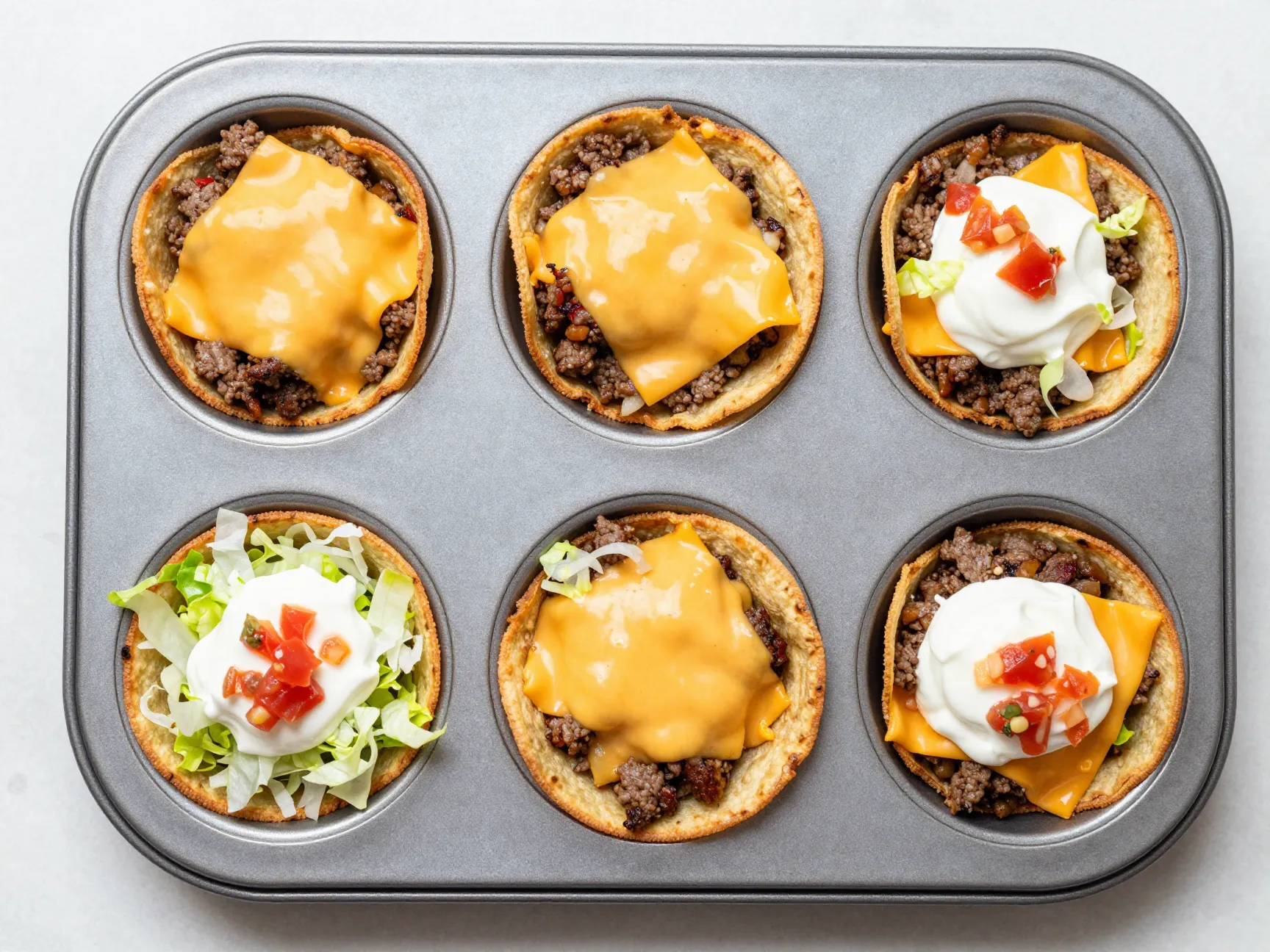 Individual baked taco cups in muffin tin