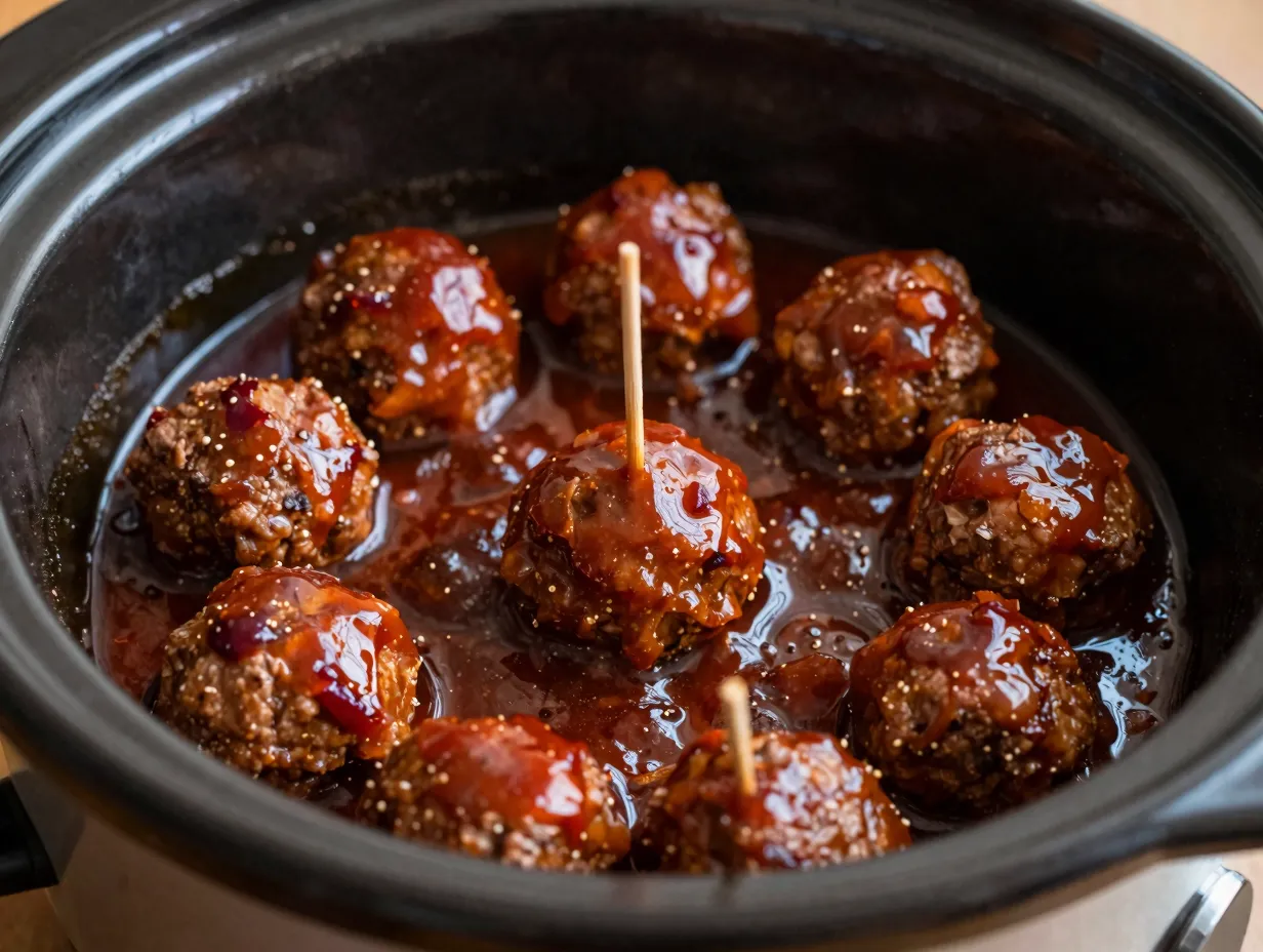 Glazed grape jelly meatballs in a slow cooker