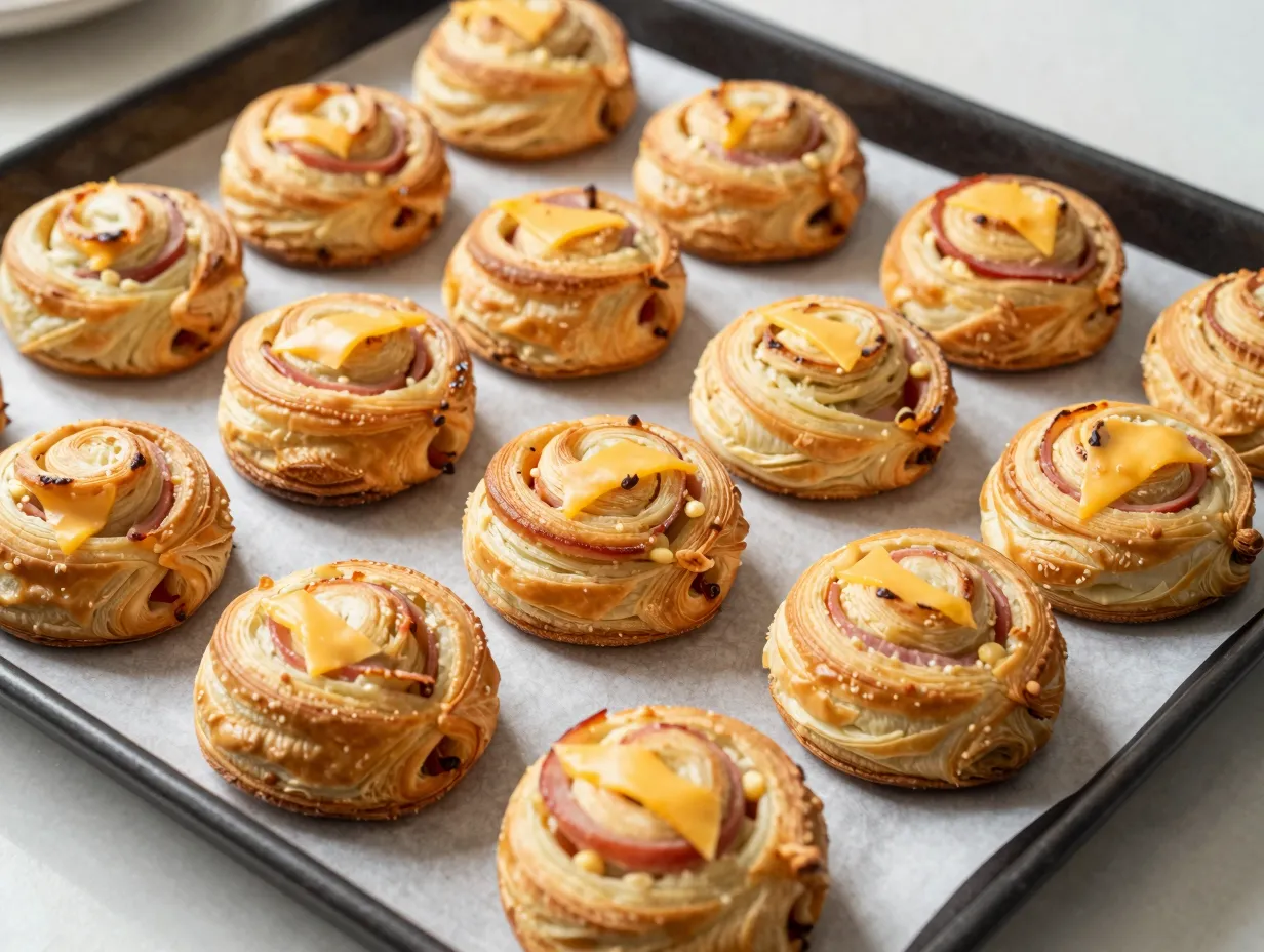 Golden flaky ham and cheese pinwheel pastries