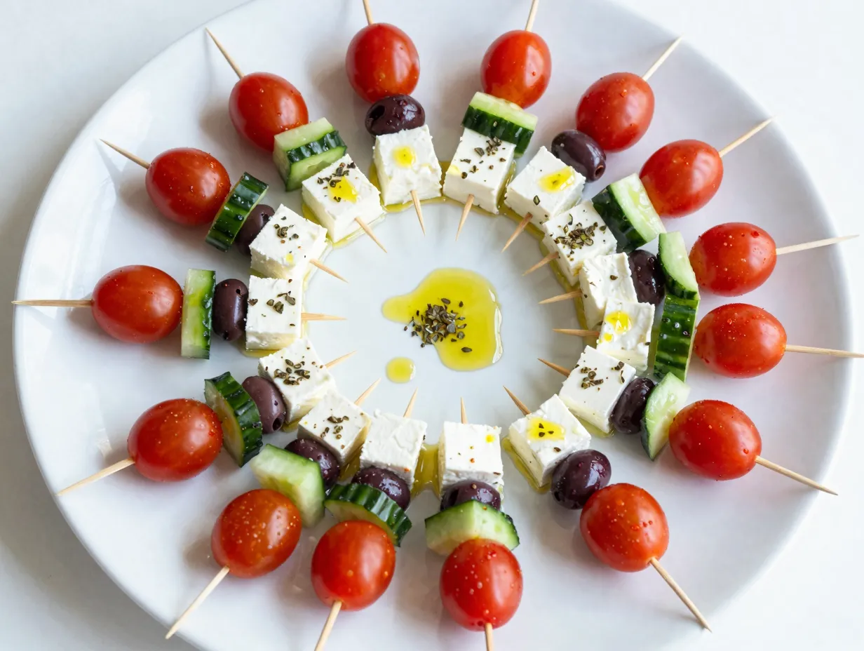 Fresh greek salad skewers on a white platter