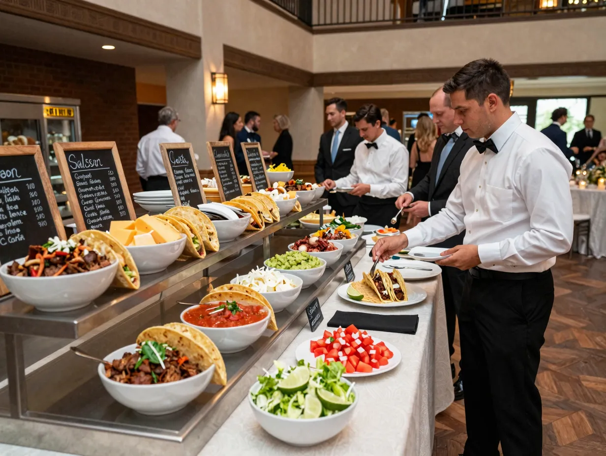 Interactive taco bar with guests building custom plates