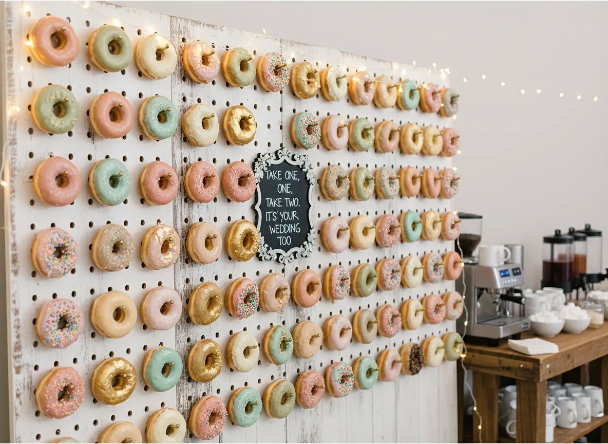 Colorful custom doughnut wall as wedding dessert decor