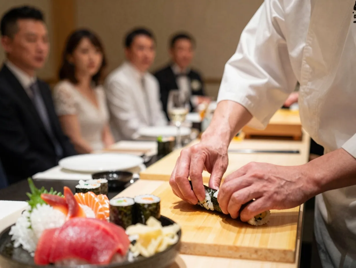 Chef preparing fresh sushi at a live station