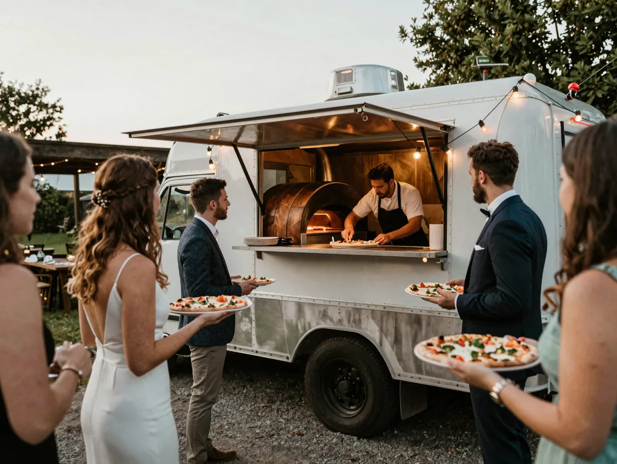 Elegant wood fired pizza food truck at wedding