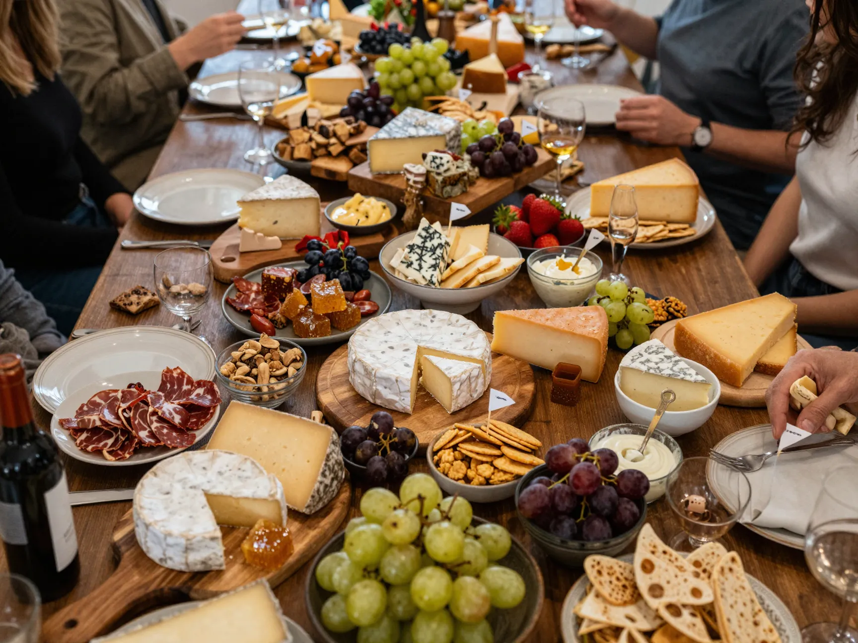 Expansive artisan grazing table with varied textures