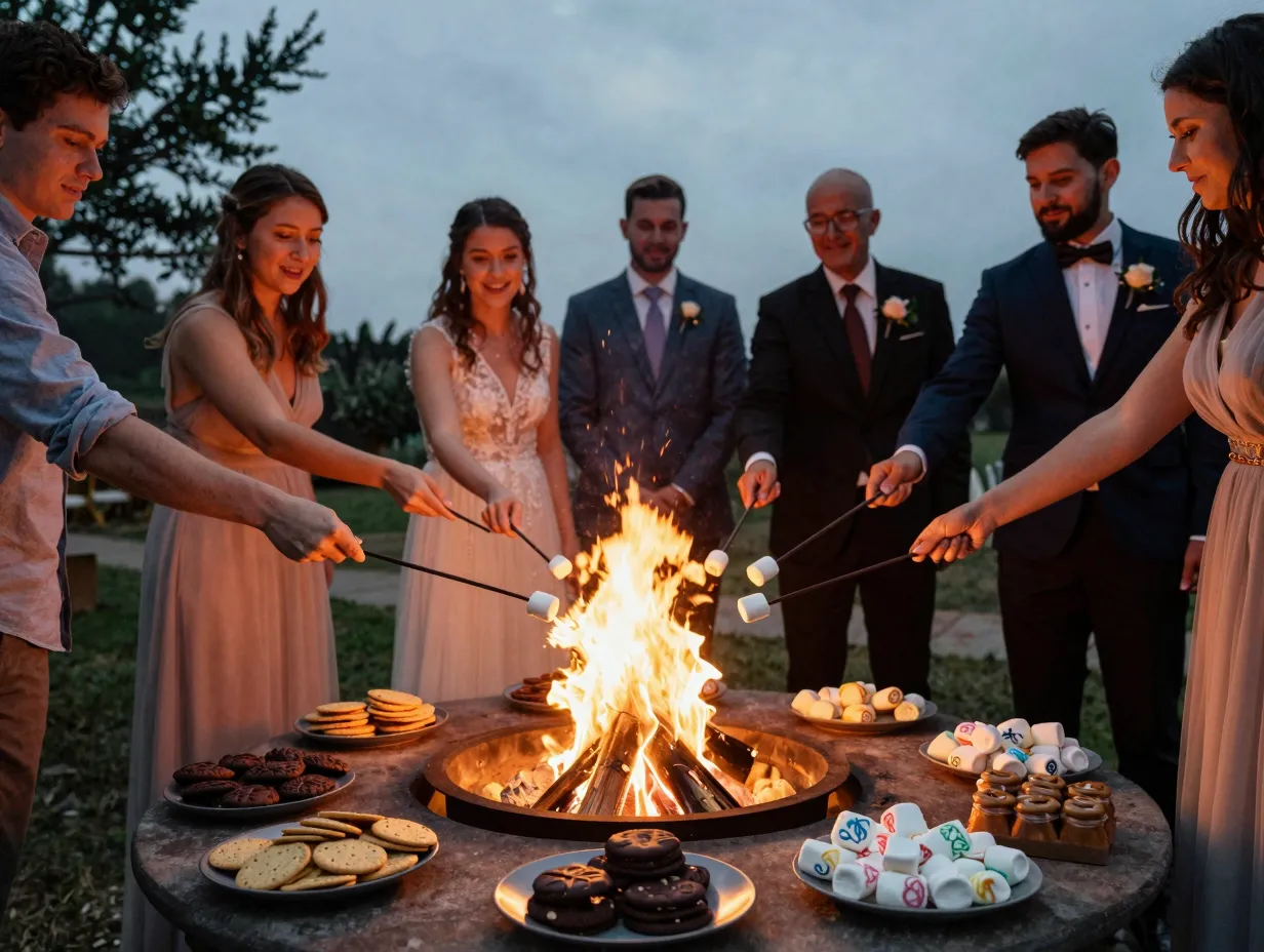 Guests roasting marshmallows at a diy smores station