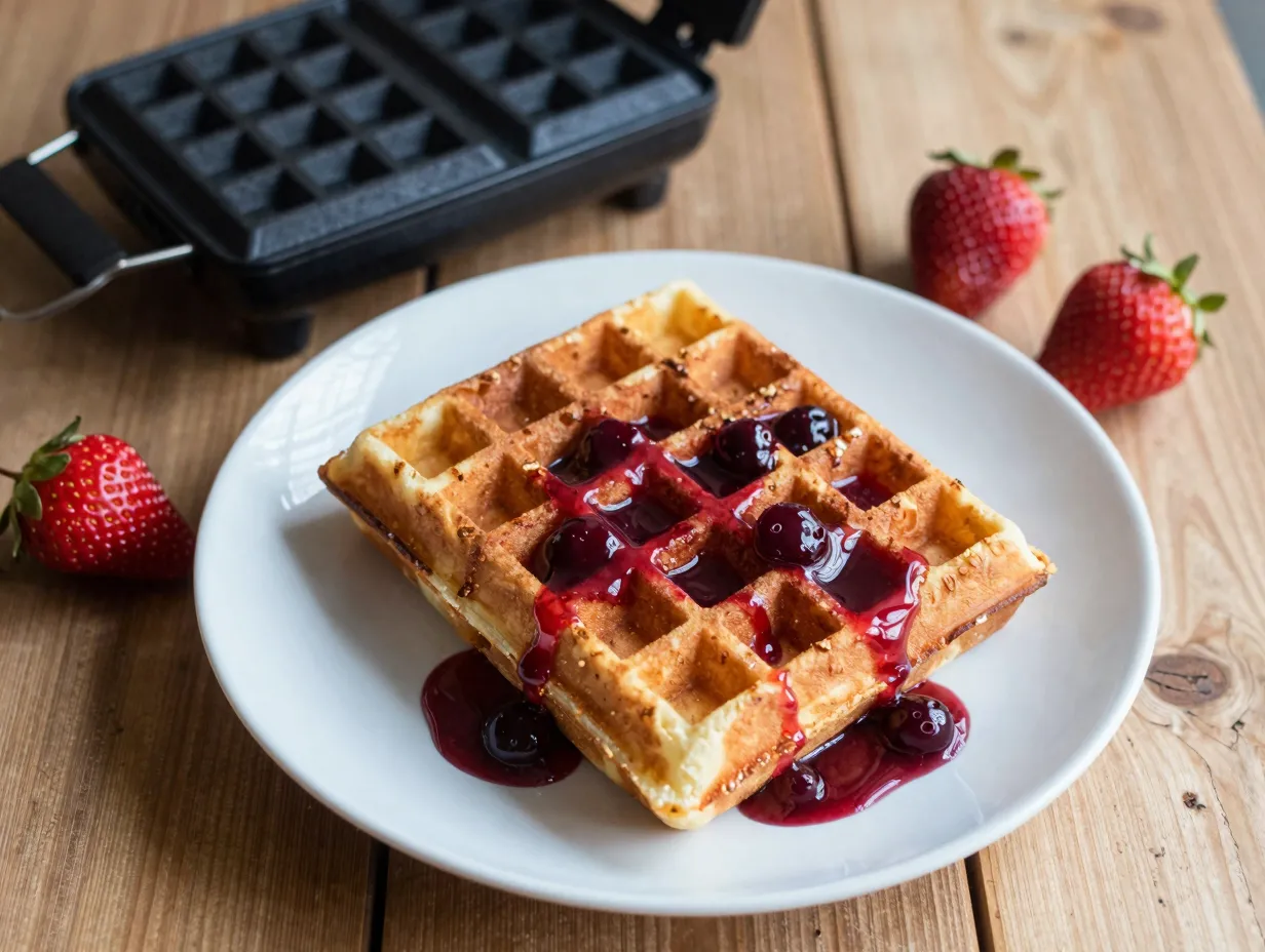 Strawberry cake mix waffles with berry syrup