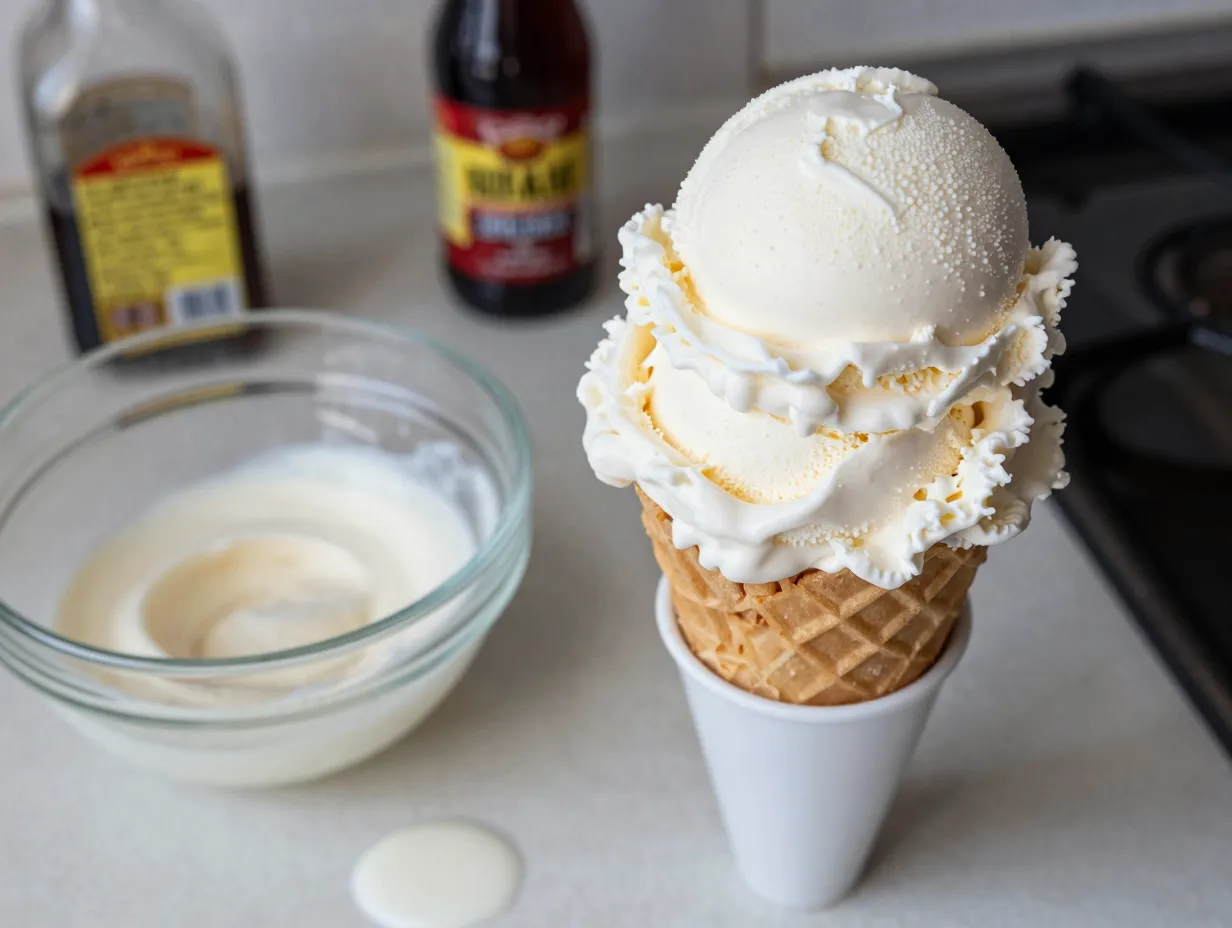 Classic philadelphia style vanilla ice cream in a store bought sugar cone