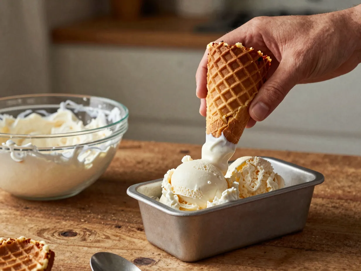 No churn vanilla ice cream in a homemade waffle cone