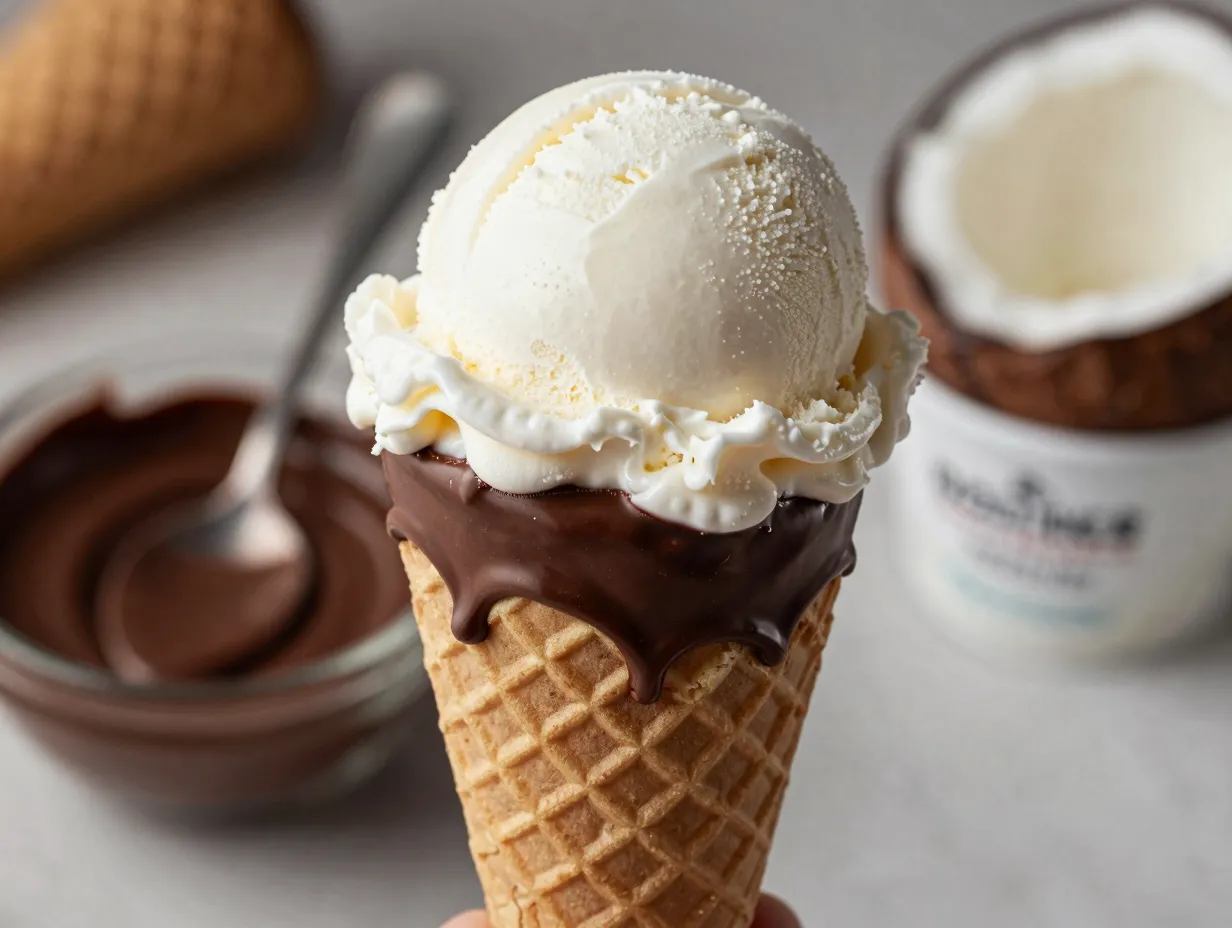 Vanilla ice cream in a chocolate dipped waffle cone