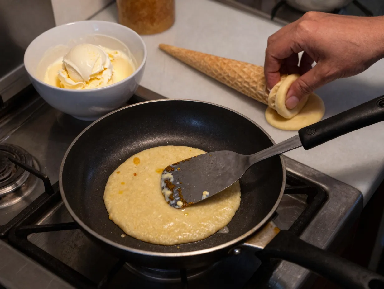 Vanilla bean ice cream in a skillet made cone