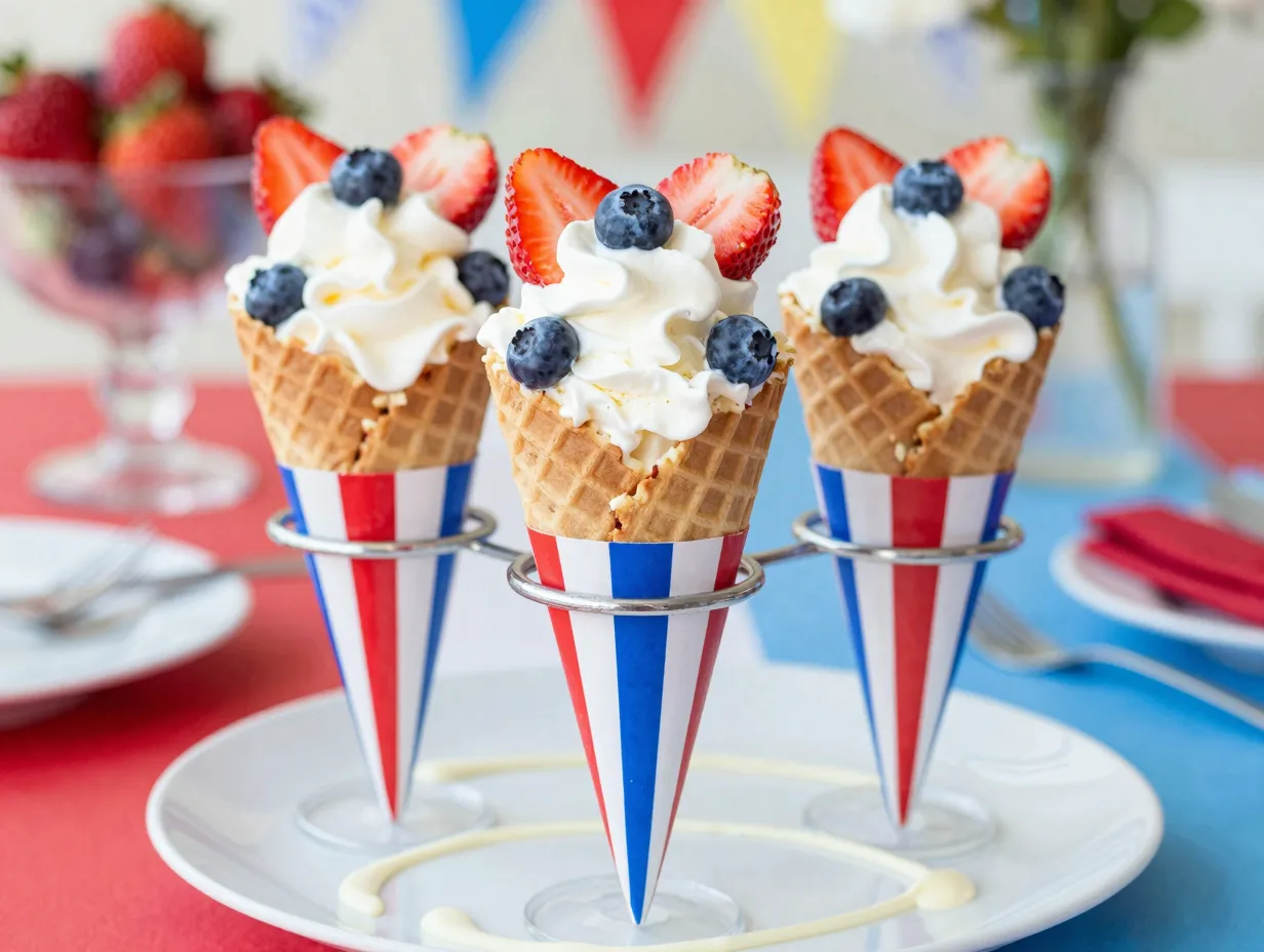 Vanilla ice cream in a red white and blue festive cone