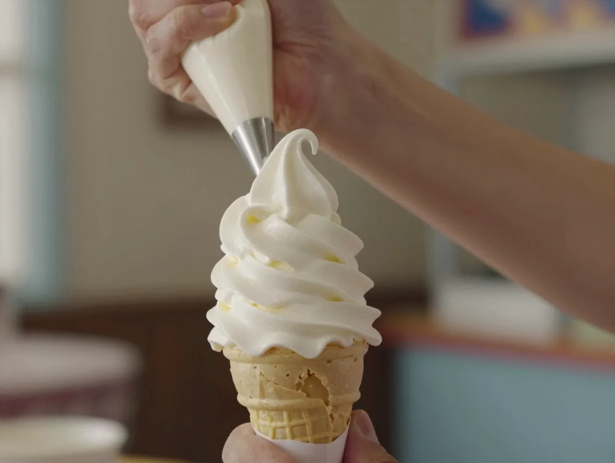 Vanilla soft serve style ice cream in a homemade cake cone