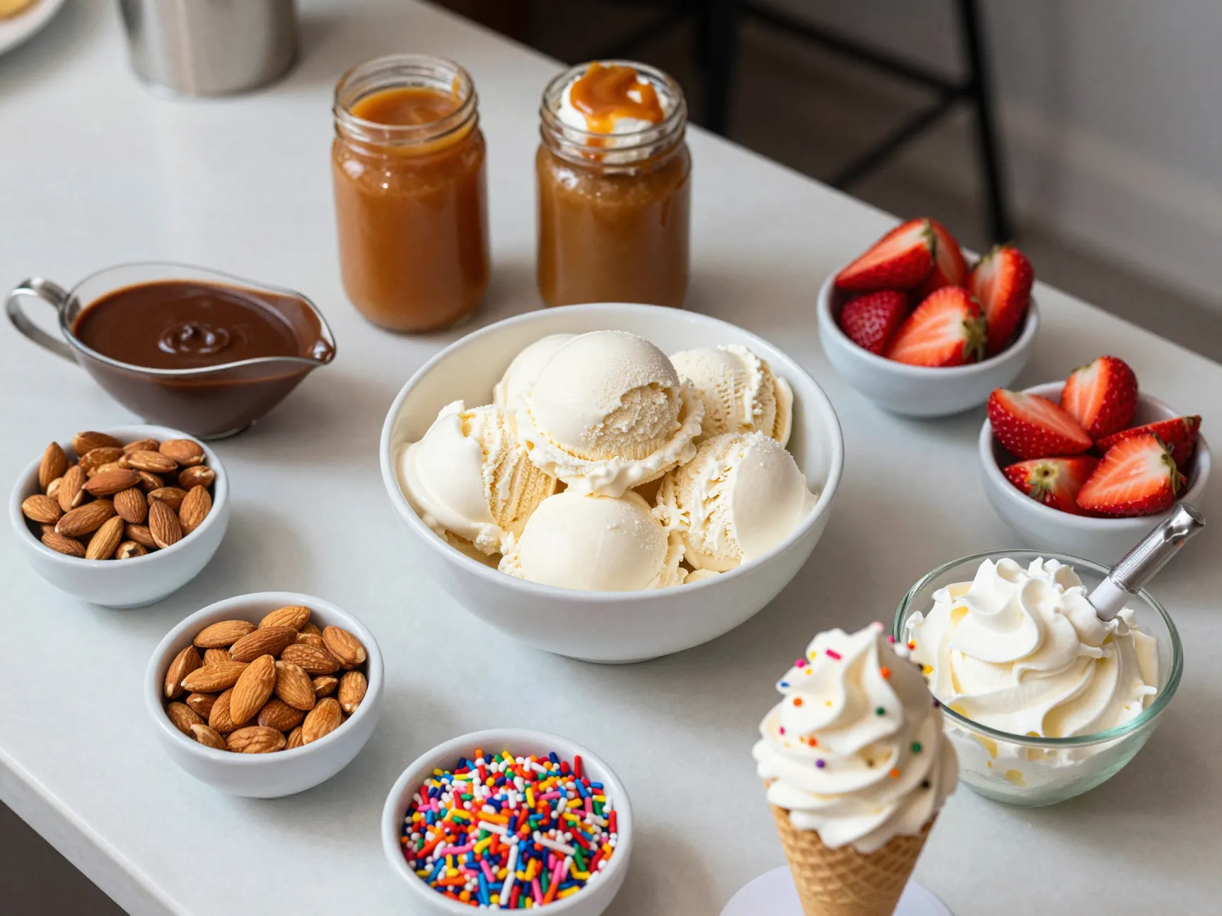 Vanilla ice cream cone with gourmet toppings bar